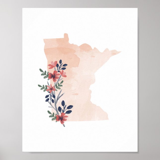 Poster Minnesota Floral Watercolor State (Frente)