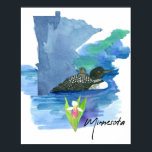 Poster Minnesota State Shape Loon Water Lady Slipper<br><div class="desc">A poster print decorated with a common loon and one of her chicks riding on her back floating in a calm lake with a pink and white lady's slipper flower over the state shape drawn with black ink and painted with watercolor. Inspired by the state bird and state flower of...</div>