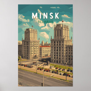 Poster Minsk Bielorrússia Ilustração Viagem Arte Vintage