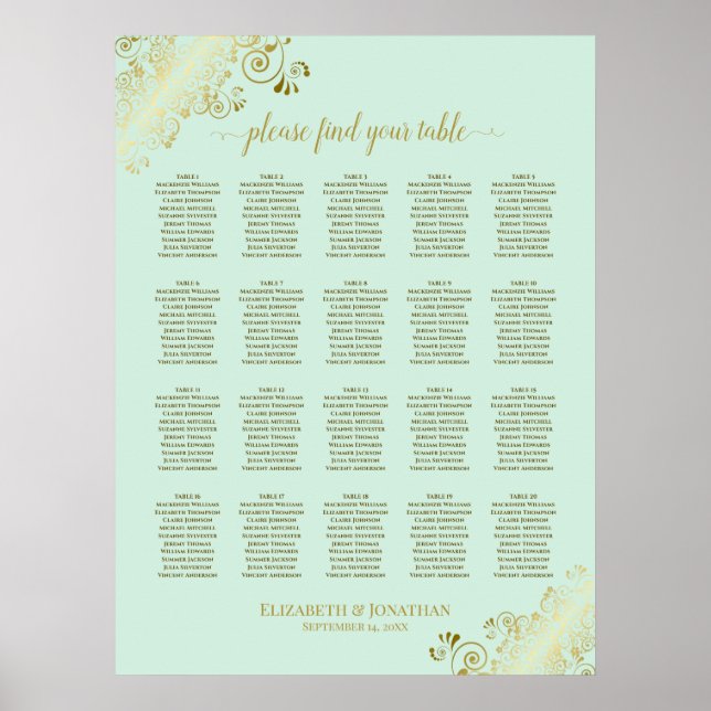 Poster Mint Green & Dourado 20 Gráfico de Casamento de Me (Frente)