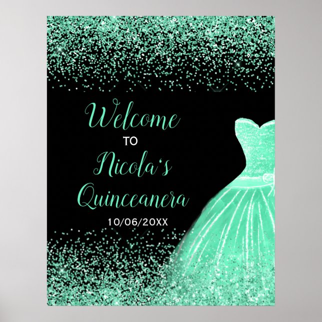 Poster Mint Green Dress Faux Glitter Quinceanera Bem-vind (Frente)