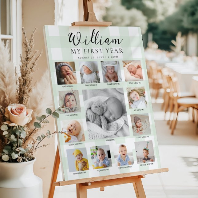 Poster Mint Green Gingham First Birthday Photo Timeline (Criador carregado)
