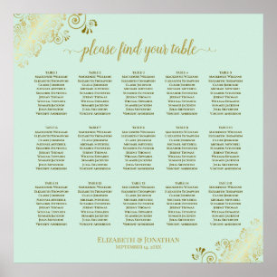Poster Mint Green & Gold 15 Table Wedding Seating Chart