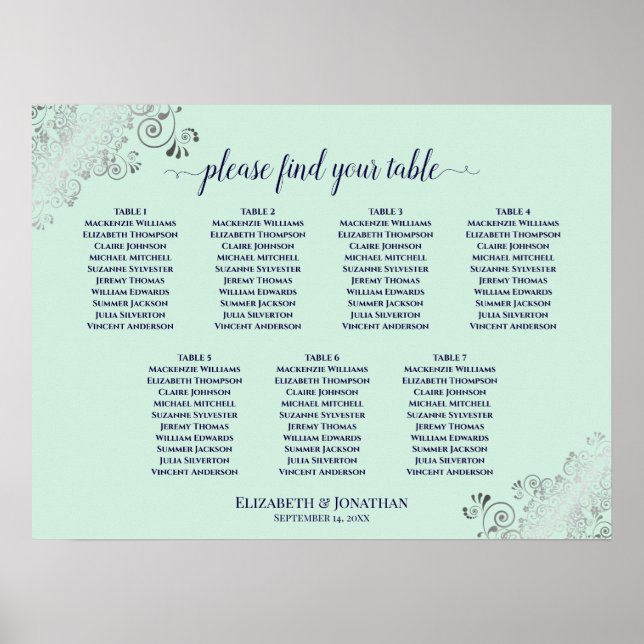 Poster Mint Green & Marinho 7 Gráfico de Casamento de Mes (Frente)