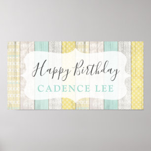 Poster Mint & Yellow Rustic Cottage Wood Happy Birday