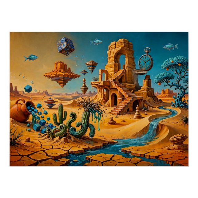Póster Miragem do Deserto Ocre Laranja Azul Teal (Frente)