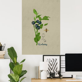 Poster Mirtilo Botânico com Abelha e Flor