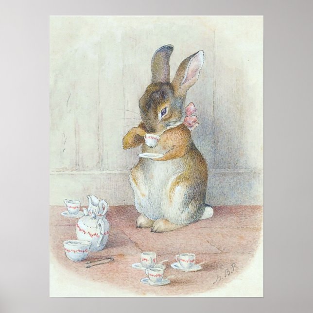 Poster Miss Bunny Bebendo Chá Arte de Parede para Berçári (Frente)