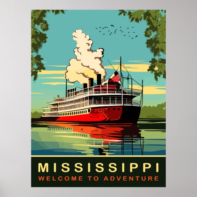 Poster Mississippi, Steamboat Cruiser, Viagens vintage (Frente)