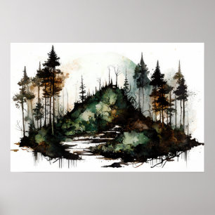 Poster Misteriosa Floresta Escura Aquarela