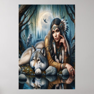 Poster Mística De Uma Mulher Americana Nativa Com Lobos 2
