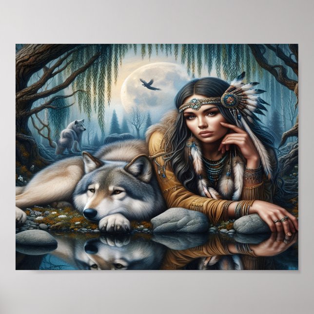Poster Mística De Uma Mulher Americana Nativa Com Lobos 8 (Frente)