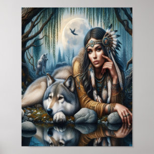 Poster Mística Uma Mulher Americana Nativa Com Lobos 10x8