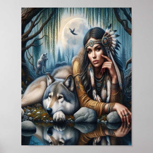 Poster Mística Uma Mulher Americana Nativa Com Lobos 10x8 (Frente)