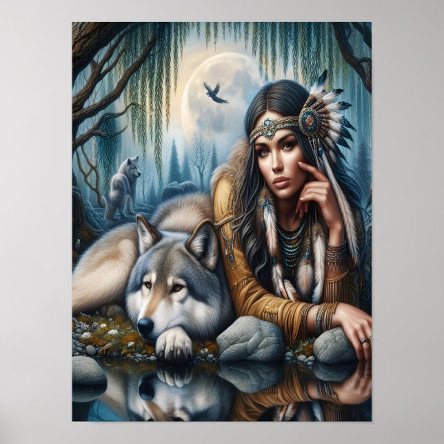 Poster Mística Uma Mulher Americana Nativa Com Lobos 12x1 (Frente)
