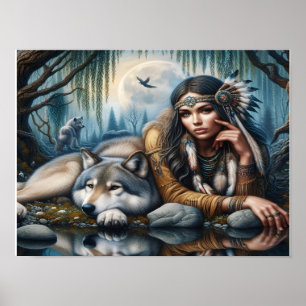 Poster Mística Uma Mulher Americana Nativa Com Lobos 16x1