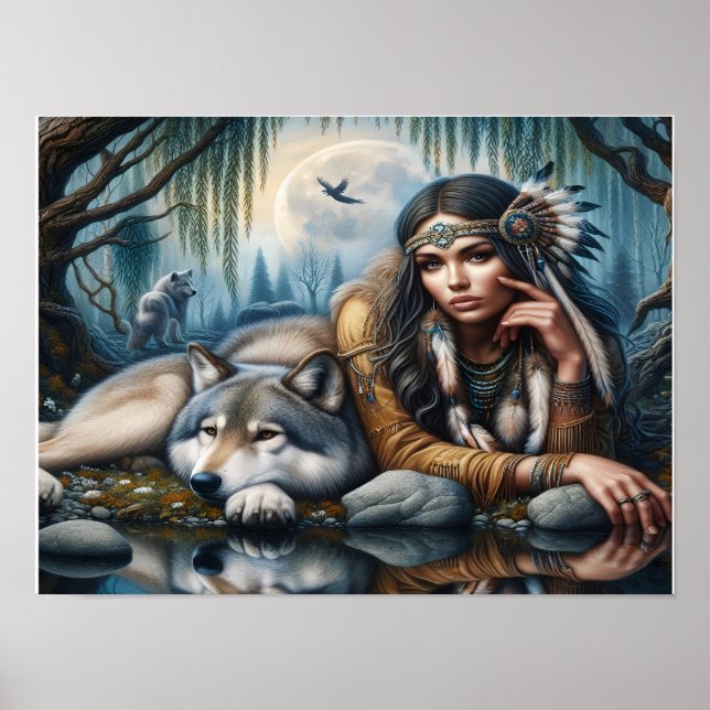Poster Mística Uma Mulher Americana Nativa Com Lobos 16x1 (Frente)