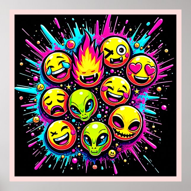 Poster Mistura de Emoji Neon Funky (Frente)