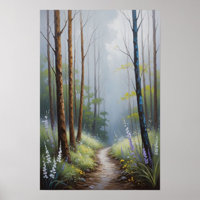 Poster Misty Forest Path with Sunlight Atmospheric Nature (Frente)