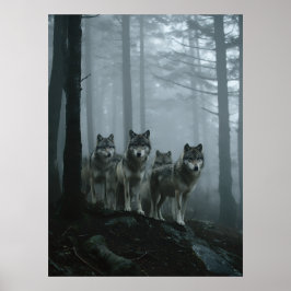 Poster Misty Forest Wolf Pack