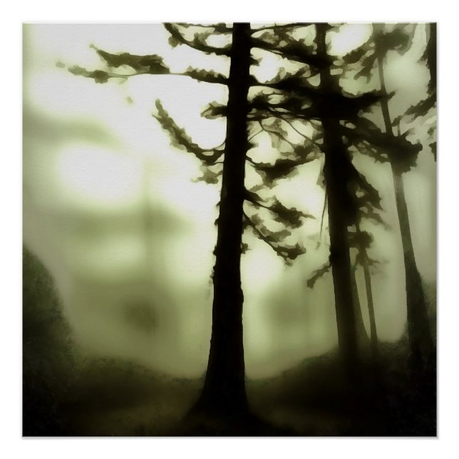 Póster Misty Morning Monotone Forest Landscape Art (Frente)