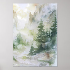 Poster Misty Mountain Forest in Watercolor