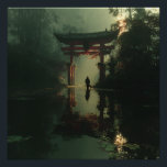 Póster Misty Torii Gate Dawn Solitude Figure<br><div class="desc">A solitary traveler stands before a majestic red torii gate rising from a misty, lily-pad-filled pond at dawn. Thick fog envelops dense bamboo and ancient trees, while golden sunrise rays pierce through, casting luminous beams and soft reflections across the calm water. The iconic gate glows with quiet power, symbolizing transition,...</div>
