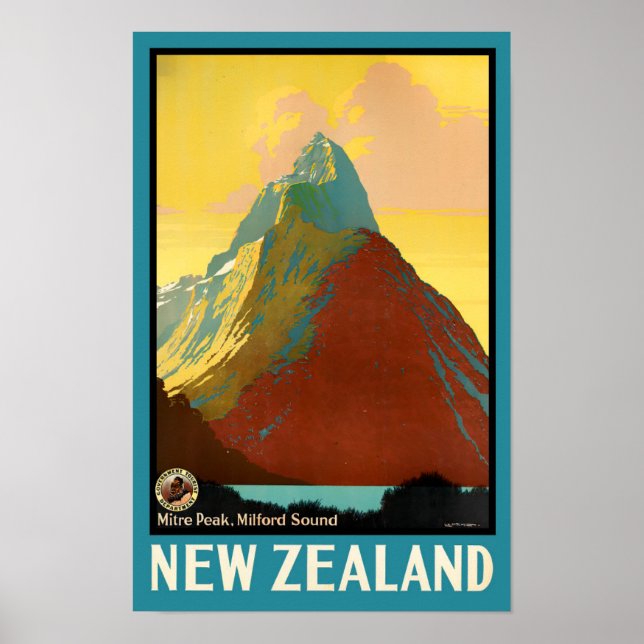 Poster Miter Peak viagens vintage da Nova Zelândia (Frente)