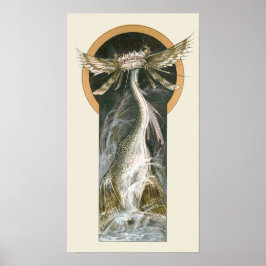 Poster Mitologia Vintage, um Dragão Alado no Oceano