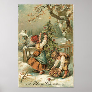 Póster Miúdos que decoram a árvore de Natal fora