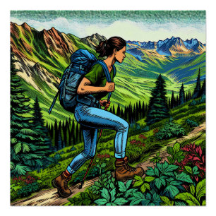 Póster Moça de mochila caminhando na trilha
