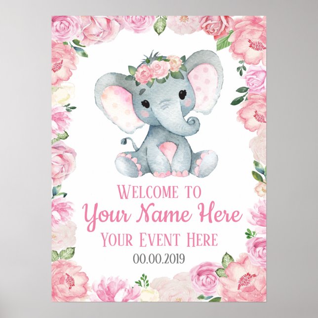 Poster Moça Elefante Sinal de Boas-Vindas Rosas Floral (Frente)