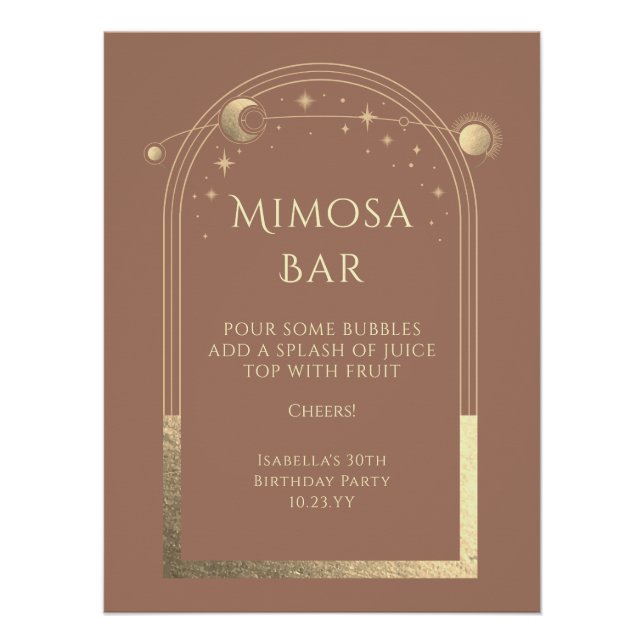 Póster Mocha Celestial Dourado Mimosa Bar Sol Lua Estrela (Frente)