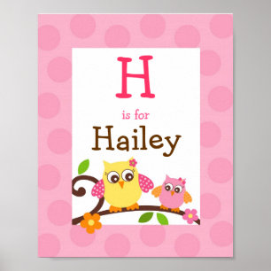 Póster Mod Owl Flower Girls Nursery Wall Art Name Impress