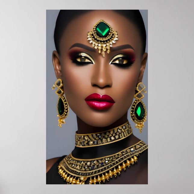 Poster Moda jóias africanas esmeralda verde dourado mulhe (Frente)
