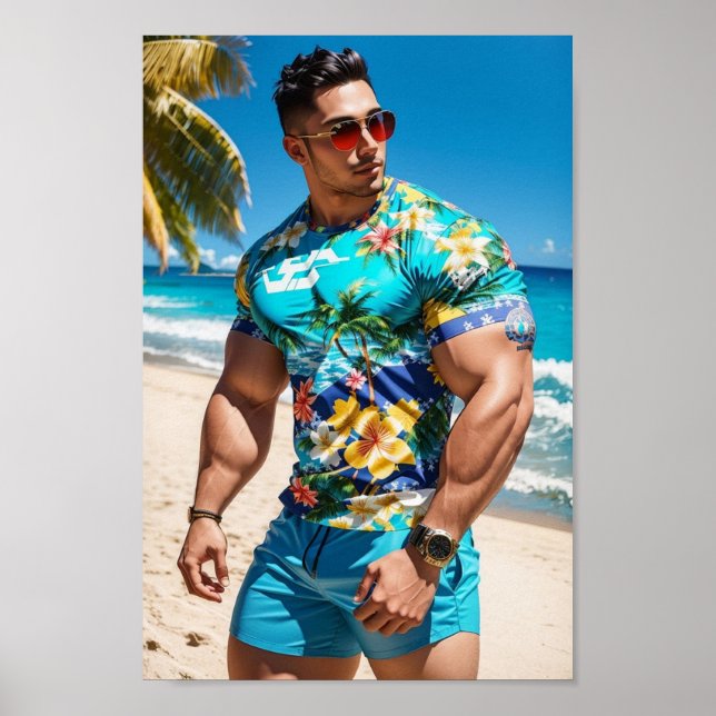 Poster Modelo Bodybuilder na praia Hawaii (Frente)
