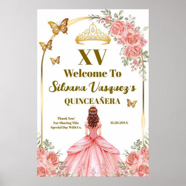Poster Modelo de Boas-Vindas Quinceanera Rosa Rubor (Frente)
