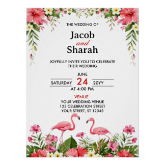 Póster Modelo de Casamento Flores Tropicais e Flamingos 