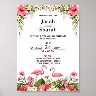 Poster Modelo de Casamento Flores Tropicais e Flamingos 