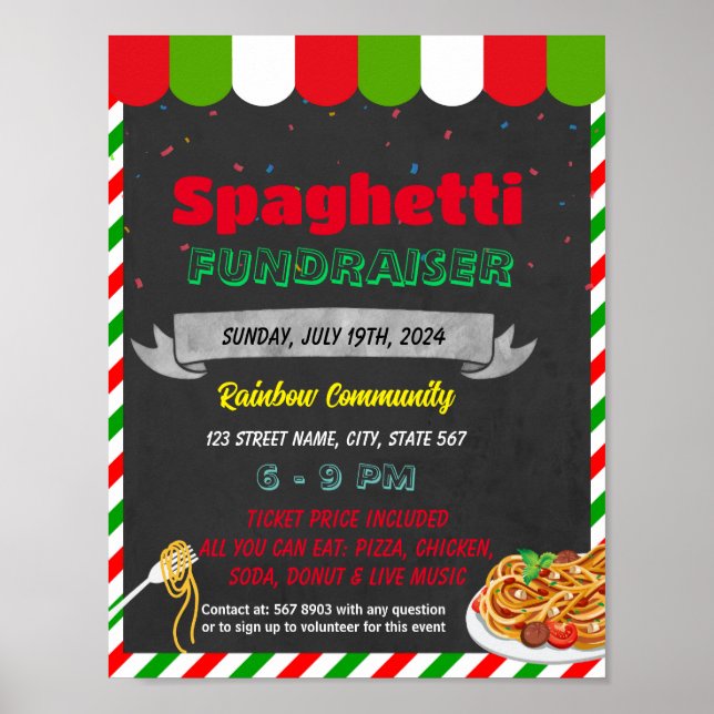 Poster Modelo de evento de arrecadação de fundos Spaghett (Frente)