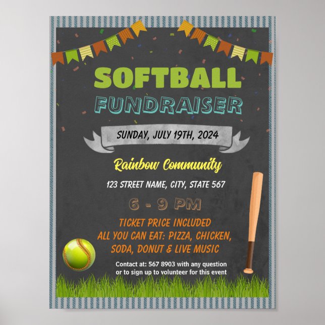 Poster Modelo de evento do Fundraiser de Softball (Frente)