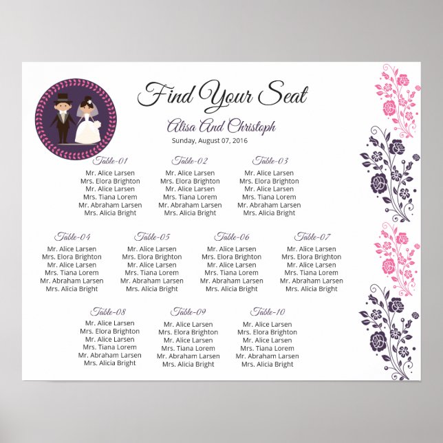 Poster Modelo de Gráfico de Assentos de Casamento (Frente)