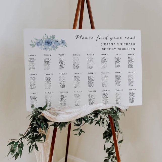 Poster Modelo de Gráfico de Casamento Azul (Blue Wedding Seating Chart Template)