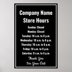 Poster Modelo de Horário Comercial Preto e Branco