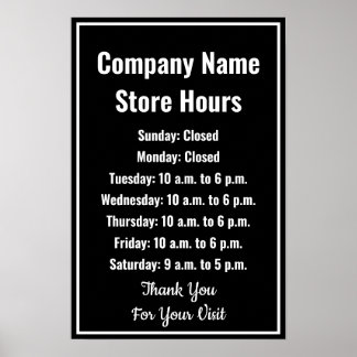 Poster Modelo de Horário Comercial Preto e Branco