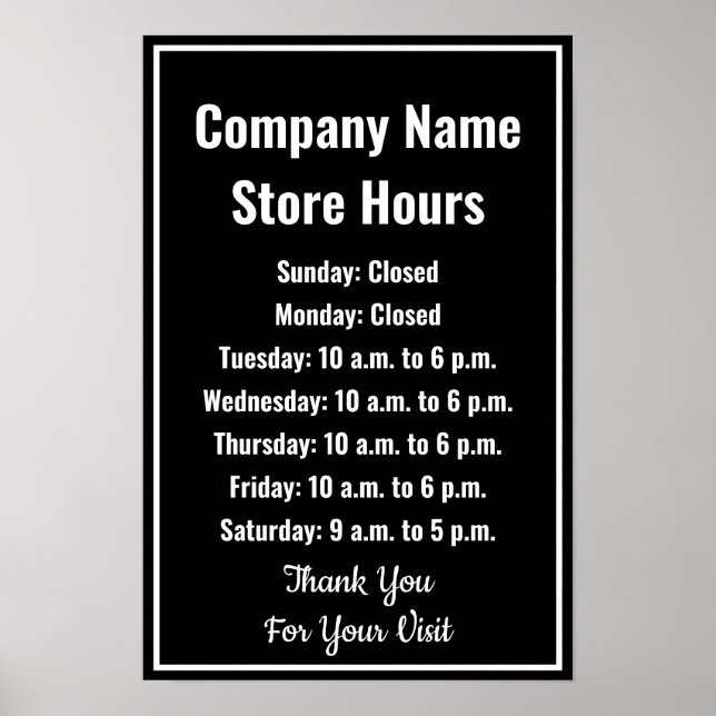Poster Modelo de Horário Comercial Preto e Branco (Frente)