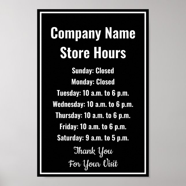Poster Modelo de Horário Comercial Preto e Branco (Frente)