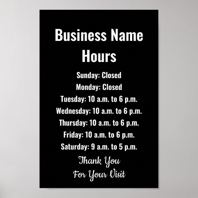 Poster Modelo de Horas de Nome Empresarial Preto e Branco (Frente)