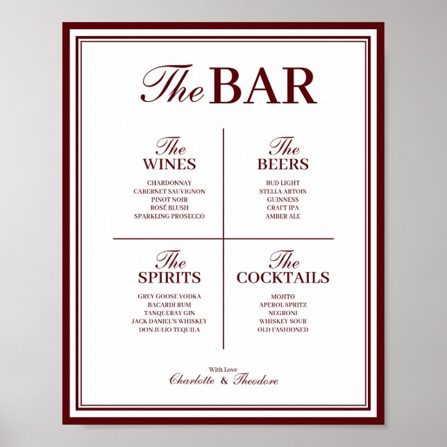 Poster Modelo de Letreiro de Bar de Casamento, Menu de Be (Frente)