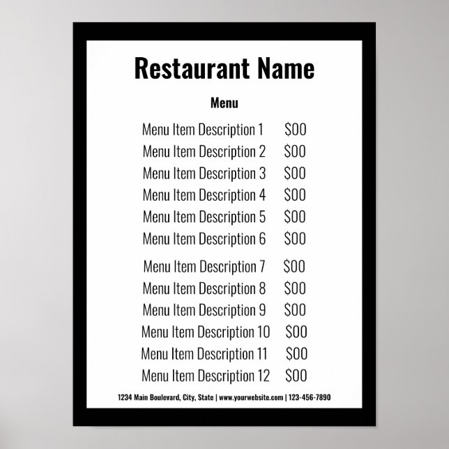 Poster Modelo de Menu de Restaurante Preto e Branco de Ne (Frente)